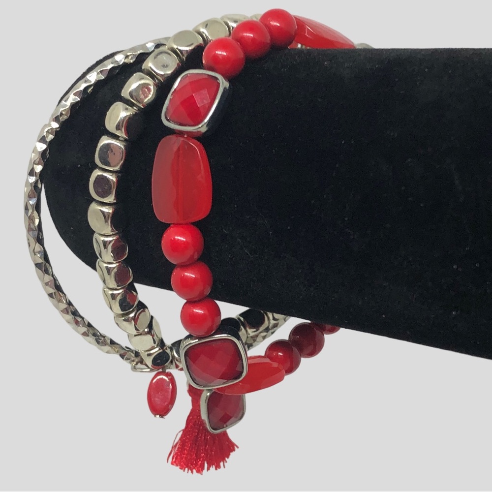 Red & Silver Bracelets Set of 3 Beaded Gems Tassel Stretch Bracelets Ban…